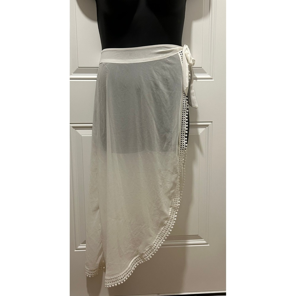 Women's Summer White Sheer Pom Pom Trim Sarong Wrap Beach Cover Up Skirt Medium